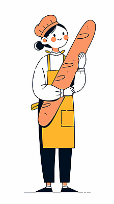 전신 여자 일러스트 안기 한명 미소 성인 앞치마 바게트 제빵 빵모자 제빵사 성인여자한명만 국내일러스트 AI파일 직업 모자_잡화 1 빵 모션 표정 사람 제과제빵 여자한명만 성인여자만 파일형식 벡터