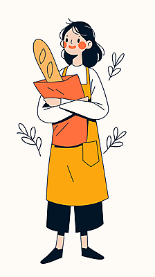 전신 여자 일러스트 안기 한명 미소 성인 앞치마 풀 바게트 제빵 제빵사 성인여자한명만 국내일러스트 AI파일 식물 직업 1 빵 모션 표정 사람 제과제빵 여자한명만 성인여자만 파일형식 벡터