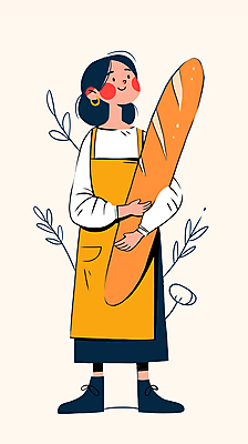 전신 여자 일러스트 안기 한명 미소 성인 앞치마 풀 바게트 제빵 제빵사 성인여자한명만 국내일러스트 AI파일 식물 직업 1 빵 모션 표정 사람 제과제빵 여자한명만 성인여자만 파일형식 벡터
