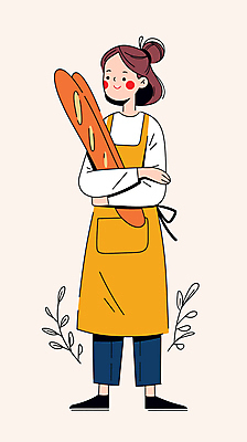 전신 여자 일러스트 안기 한명 미소 성인 앞치마 풀 바게트 제빵 제빵사 성인여자한명만 국내일러스트 AI파일 식물 직업 1 빵 모션 표정 사람 제과제빵 여자한명만 성인여자만 파일형식 벡터