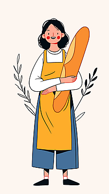 전신 여자 일러스트 안기 한명 미소 성인 앞치마 풀 바게트 제빵 제빵사 성인여자한명만 국내일러스트 AI파일 식물 직업 1 빵 모션 표정 사람 제과제빵 여자한명만 성인여자만 파일형식 벡터