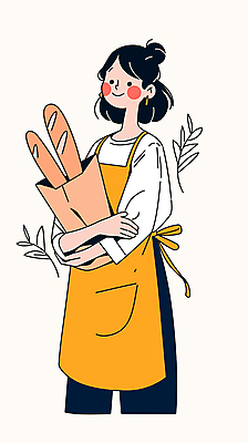 전신 여자 일러스트 안기 한명 미소 성인 앞치마 풀 바게트 제빵 제빵사 성인여자한명만 국내일러스트 AI파일 식물 직업 1 빵 모션 표정 사람 제과제빵 여자한명만 성인여자만 파일형식 벡터