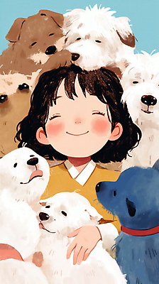 JPG 여자 행복 어린이 여러마리 일러스트 포옹 사랑 한명 미소 웃음 소녀 귀여움 강아지 포근함 힐링 포위 소녀한명만 국내일러스트 AI일러스트 AI콘텐츠 1 감정 다수 컨셉 안기 모션 표정 사람 반려동물 감각 개 여자한명만 소녀만 파일형식