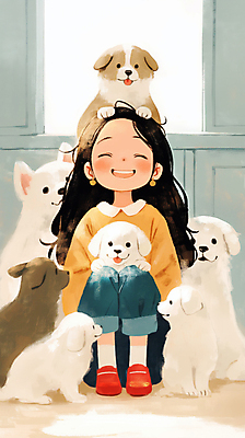 JPG 여자 행복 어린이 여러마리 일러스트 포옹 실내 사랑 한명 미소 웃음 소녀 귀여움 기쁨 강아지 포근함 힐링 포위 소녀한명만 국내일러스트 AI일러스트 AI콘텐츠 1 감정 다수 컨셉 안기 모션 표정 사람 내부 반려동물 감각 개 여자한명만 소녀만 파일형식