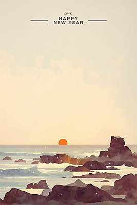 PSD 물결 바다 일러스트 아침 새해 풍경 사람없음 태양 일출 연하장 베이지색 국내일러스트 주간 자연요소 컬러 카드_감사 노을 파일형식