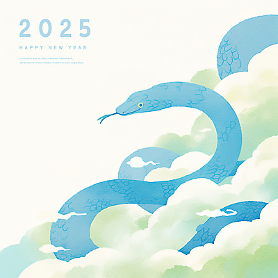 PSD 구름 일러스트 수채화 새해 사람없음 초록색 파란색 뱀띠 뱀 연하장 2025년 을사년 국내일러스트 푸른뱀 자연요소 컬러 파충류 카드_감사 십이지신 연도 파일형식