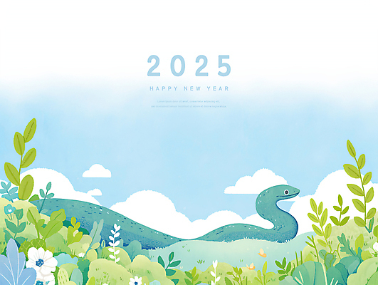 PSD 구름 꽃 일러스트 하늘 수채화 새해 초원 사람없음 초록색 파란색 풀 뱀띠 뱀 연하장 2025년 을사년 국내일러스트 푸른뱀 자연요소 식물 컬러 파충류 카드_감사 십이지신 연도 파일형식