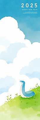 PSD 구름 일러스트 하늘 수채화 새해 초원 사람없음 초록색 파란색 뱀띠 뱀 연하장 2025년 을사년 국내일러스트 푸른뱀 자연요소 컬러 파충류 카드_감사 십이지신 연도 파일형식