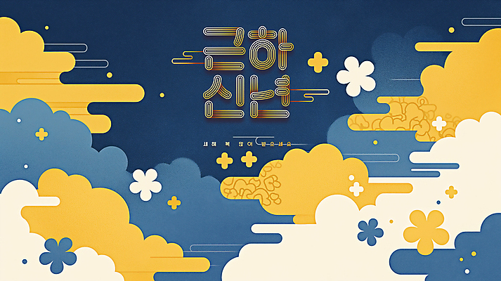 PSD 구름 편집이미지 한국문화 한국전통 전통 꽃 문화 추상 근하신년 새해 사람없음 파란색 노란색 전통문양 새해인사 을사년 이미지편집 자연요소 식물 동양문화 문양 컬러 무늬 한국 인사 파일형식 2025년
