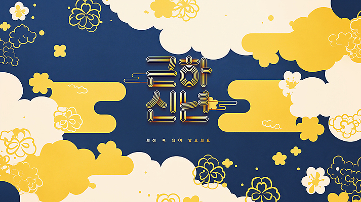 PSD 구름 편집이미지 한국문화 한국전통 전통 꽃 문화 추상 근하신년 새해 사람없음 파란색 노란색 전통문양 새해인사 을사년 이미지편집 자연요소 식물 동양문화 문양 컬러 무늬 한국 인사 파일형식 2025년