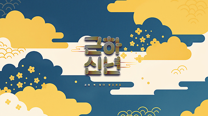 PSD 구름 편집이미지 한국문화 한국전통 전통 꽃 문화 추상 근하신년 새해 사람없음 파란색 노란색 전통문양 새해인사 을사년 이미지편집 자연요소 식물 동양문화 문양 컬러 무늬 한국 인사 파일형식 2025년