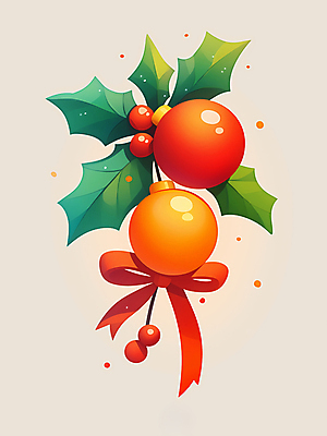 JPG 디자인 리본 잎 크리스마스장식 크리스마스 일러스트 사람없음 장식 컬러풀 호랑가시나무열매 오너먼트 국내일러스트 AI일러스트 AI콘텐츠 식물 기념일 열매 컬러 파일형식