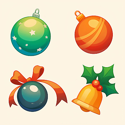 JPG 리본 크리스마스장식 크리스마스 일러스트 사람없음 장식 빨간색 초록색 종 징글벨 호랑가시나무열매 오너먼트 국내일러스트 AI일러스트 AI콘텐츠 기념일 열매 컬러 파일형식