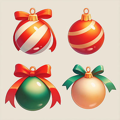 JPG 리본 크리스마스장식 크리스마스 일러스트 사람없음 장식 빨간색 초록색 컬러풀 줄무늬 아이보리 오너먼트 국내일러스트 AI일러스트 AI콘텐츠 기념일 컬러 무늬 파일형식