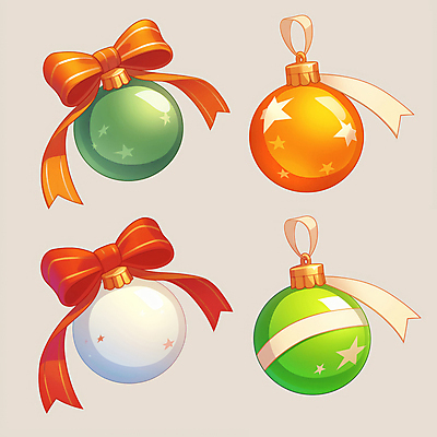 JPG 별 리본 크리스마스장식 크리스마스 일러스트 사람없음 장식 빨간색 초록색 주황색 오너먼트 국내일러스트 AI일러스트 AI콘텐츠 자연요소 기념일 컬러 파일형식
