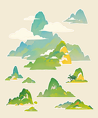 PSD 구름 전통 일러스트 새해 산 풍경 사람없음 초록색 오브젝트 산수화 국내일러스트 자연요소 컬러 동양화 파일형식