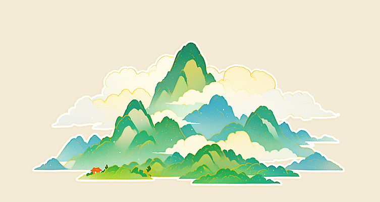 PSD 구름 전통 일러스트 새해 산 풍경 사람없음 초록색 오브젝트 산수화 국내일러스트 자연요소 컬러 동양화 파일형식