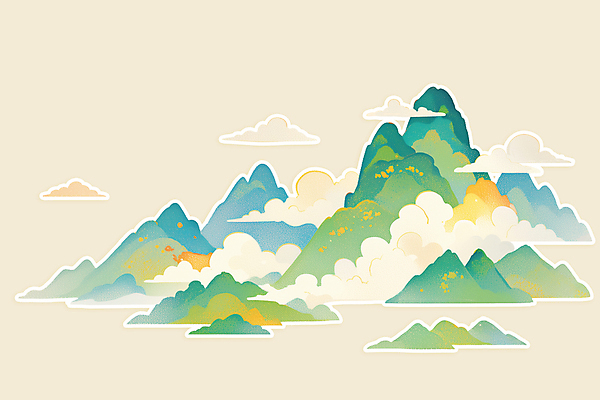 PSD 구름 전통 일러스트 새해 산 풍경 사람없음 초록색 오브젝트 산수화 국내일러스트 자연요소 컬러 동양화 파일형식