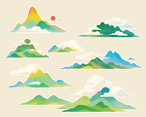 PSD 구름 전통 일러스트 새해 산 풍경 사람없음 초록색 태양 오브젝트 산수화 국내일러스트 자연요소 컬러 동양화 파일형식