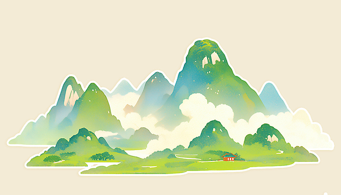 PSD 구름 전통 일러스트 새해 산 한옥 풍경 사람없음 초록색 오브젝트 산수화 국내일러스트 자연요소 한국전통 컬러 고건축 동양화 파일형식