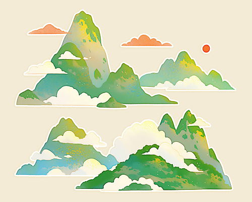 PSD 구름 전통 일러스트 새해 산 풍경 사람없음 초록색 태양 오브젝트 산수화 국내일러스트 자연요소 컬러 동양화 파일형식