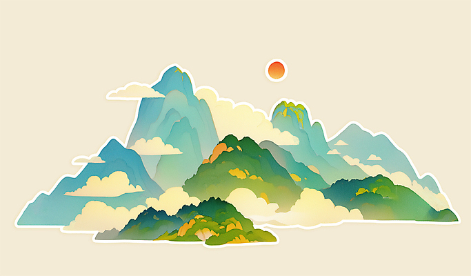 PSD 구름 전통 일러스트 새해 산 풍경 사람없음 초록색 태양 오브젝트 산수화 국내일러스트 자연요소 컬러 동양화 파일형식