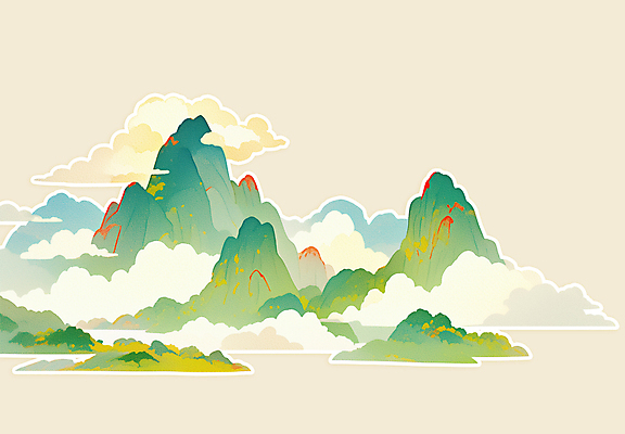 PSD 구름 전통 일러스트 새해 산 풍경 사람없음 초록색 오브젝트 산수화 국내일러스트 자연요소 컬러 동양화 파일형식