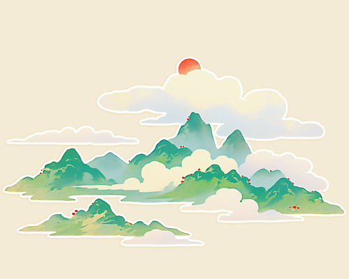 PSD 구름 전통 일러스트 새해 산 풍경 사람없음 초록색 태양 오브젝트 산수화 국내일러스트 자연요소 컬러 동양화 파일형식