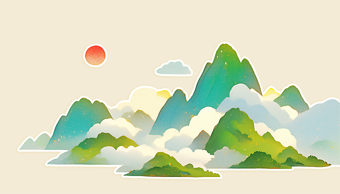 PSD 구름 전통 일러스트 새해 산 풍경 사람없음 초록색 태양 오브젝트 산수화 국내일러스트 자연요소 컬러 동양화 파일형식
