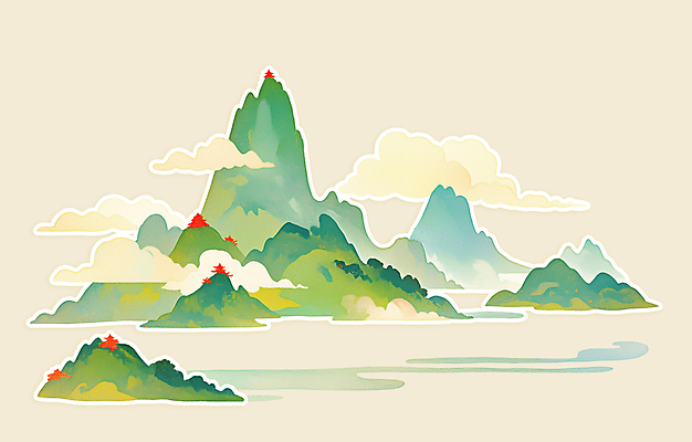 PSD 구름 전통 일러스트 새해 산 풍경 사람없음 초록색 오브젝트 산수화 국내일러스트 자연요소 컬러 동양화 파일형식