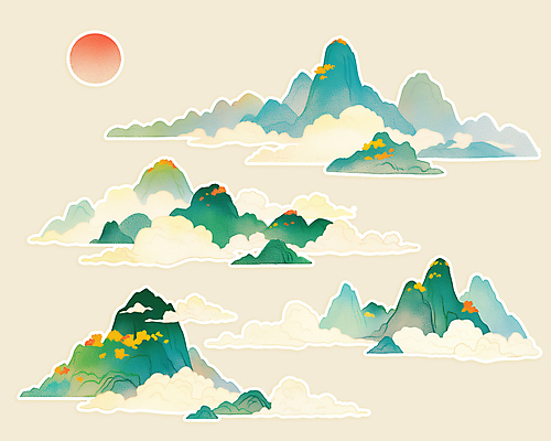 PSD 구름 전통 일러스트 새해 산 풍경 사람없음 초록색 태양 오브젝트 산수화 국내일러스트 자연요소 컬러 동양화 파일형식