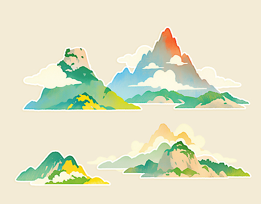 PSD 구름 전통 일러스트 새해 산 풍경 사람없음 초록색 오브젝트 산수화 국내일러스트 자연요소 컬러 동양화 파일형식