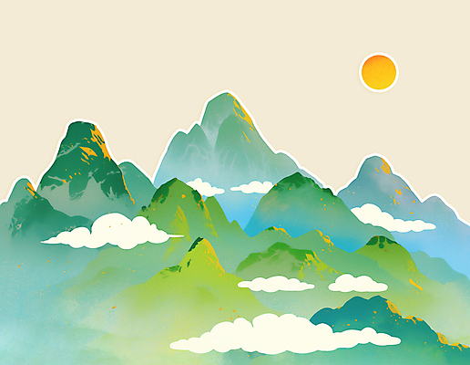 PSD 구름 전통 일러스트 새해 산 풍경 사람없음 초록색 태양 오브젝트 산수화 국내일러스트 자연요소 컬러 동양화 파일형식