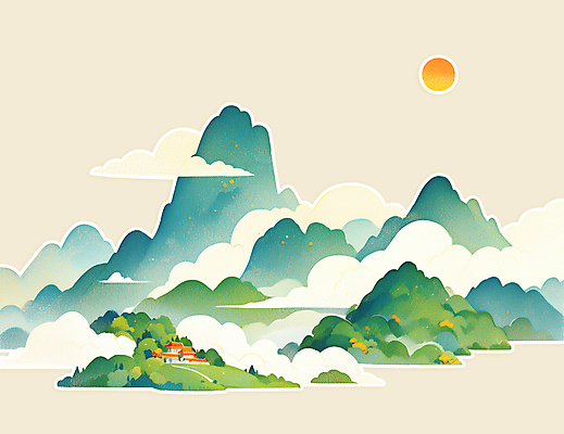 PSD 구름 전통 일러스트 새해 산 한옥 풍경 사람없음 초록색 태양 오브젝트 산수화 국내일러스트 자연요소 한국전통 컬러 고건축 동양화 파일형식