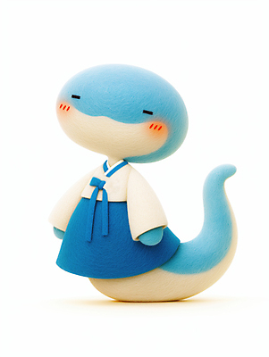 JPG 편집이미지 한마리 새해 사람없음 파란색 귀여움 뱀띠 뱀 전통의상 한복 2025년 을사년 편집실사 푸른뱀 푸른뱀캐릭터 AI컴퓨터그래픽 AI콘텐츠 1 한국전통 전통 컬러 컨셉 파충류 십이지신 연도 CG 뱀캐릭터 파일형식