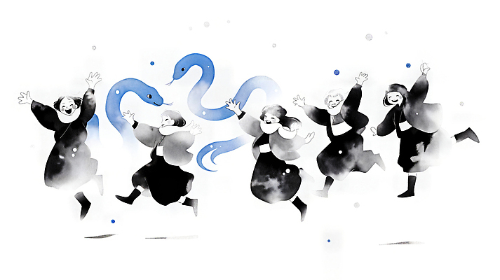 JPG 여자 남자 곡선 일러스트 새해 풍경 여러명 성인 파란색 춤 뱀띠 열정 활기 성인만 2025년 을사년 국내일러스트 푸른뱀 AI일러스트 AI콘텐츠 감정 선 컬러 다수 컨셉 문화예술 사람 십이지신 뱀 연도 파일형식