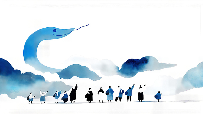 JPG 구름 여자 남자 예술 일러스트 새해 풍경 여러명 성인 파란색 손들기 뱀띠 성인만 2025년 을사년 국내일러스트 푸른뱀 AI일러스트 AI콘텐츠 자연요소 컬러 다수 모션 사람 십이지신 뱀 연도 파일형식