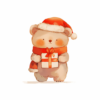 캐릭터 모자_잡화 잡화 기념일 새끼 컬러 동물캐릭터 크리스마스 곰 모션 표정 선물 상자 파일형식 AI콘텐츠 갈색 아기곰 곰캐릭터 목도리 사람없음 선물상자 리본 산타모자 JPG 일러스트 들기 일러캐릭터 미소 AI일러스트