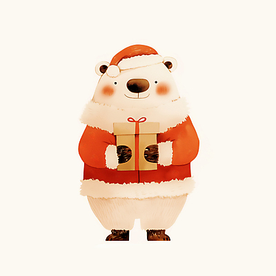 캐릭터 모자_잡화 옷 기념일 컬러 동물캐릭터 크리스마스 곰 모션 표정 선물 상자 파일형식 AI콘텐츠 베이지색 미소 곰캐릭터 산타옷 사람없음 선물상자 리본 산타모자 북극곰 JPG 일러스트 들기 일러캐릭터 AI일러스트