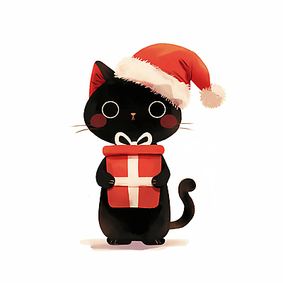 캐릭터 모자_잡화 기념일 컬러 동물캐릭터 크리스마스 모션 표정 선물 상자 고양이 파일형식 AI콘텐츠 검은색 고양이캐릭터 사람없음 선물상자 리본 산타모자 JPG 일러스트 들기 일러캐릭터 미소 AI일러스트
