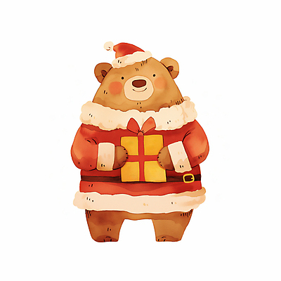 캐릭터 모자_잡화 옷 기념일 컬러 동물캐릭터 크리스마스 곰 모션 표정 선물 상자 파일형식 AI콘텐츠 갈색 곰캐릭터 산타옷 사람없음 선물상자 리본 산타모자 JPG 일러스트 들기 일러캐릭터 미소 AI일러스트