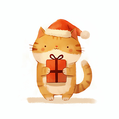 캐릭터 모자_잡화 기념일 컬러 동물캐릭터 크리스마스 모션 선물 상자 고양이 파일형식 AI콘텐츠 노란색 고양이캐릭터 사람없음 선물상자 리본 산타모자 JPG 일러스트 들기 일러캐릭터 AI일러스트
