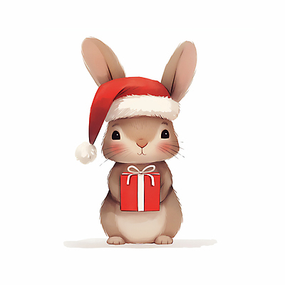 JPG 리본 크리스마스 일러스트 산타모자 미소 들기 사람없음 선물상자 갈색 토끼캐릭터 일러캐릭터 AI일러스트 AI콘텐츠 캐릭터 모자_잡화 기념일 컬러 동물캐릭터 모션 표정 선물 상자 토끼 파일형식
