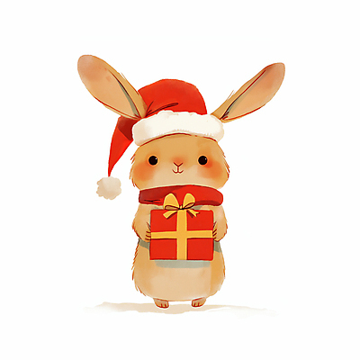 캐릭터 모자_잡화 잡화 기념일 컬러 동물캐릭터 크리스마스 모션 표정 선물 상자 토끼 파일형식 AI콘텐츠 갈색 토끼캐릭터 목도리 사람없음 선물상자 리본 산타모자 JPG 일러스트 들기 일러캐릭터 미소 AI일러스트