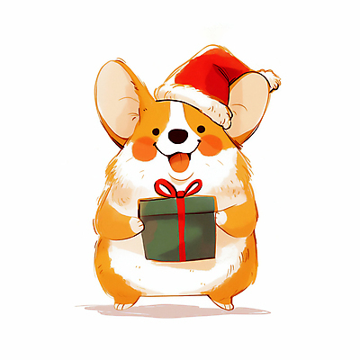 캐릭터 모자_잡화 기념일 컬러 동물캐릭터 크리스마스 모션 표정 선물 상자 개 파일형식 AI콘텐츠 노란색 개캐릭터 사람없음 선물상자 리본 산타모자 웰시코기 JPG 일러스트 들기 일러캐릭터 미소 AI일러스트