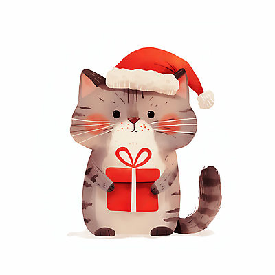 JPG 리본 크리스마스 일러스트 산타모자 미소 들기 사람없음 선물상자 회색 고양이캐릭터 일러캐릭터 AI일러스트 AI콘텐츠 캐릭터 모자_잡화 기념일 컬러 동물캐릭터 모션 표정 선물 상자 고양이 파일형식