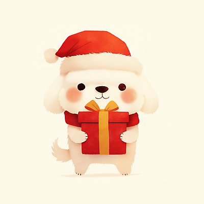 JPG 리본 크리스마스 일러스트 산타모자 미소 들기 사람없음 선물상자 목도리 말티즈 개캐릭터 베이지색 일러캐릭터 AI일러스트 AI콘텐츠 캐릭터 모자_잡화 잡화 기념일 컬러 동물캐릭터 모션 표정 선물 상자 개 파일형식