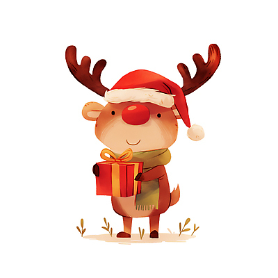 캐릭터 모자_잡화 잡화 기념일 컬러 동물캐릭터 크리스마스 모션 사슴 표정 선물 상자 파일형식 AI콘텐츠 갈색 사슴캐릭터 목도리 사람없음 선물상자 리본 산타모자 루돌프 JPG 일러스트 들기 일러캐릭터 미소 AI일러스트