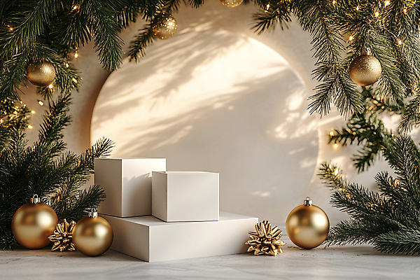 도형 계절 기념일 컬러 잎 크리스마스장식 크리스마스 무대 풀_식물 CG 파일형식 AI콘텐츠 전구 육면체 풀잎 그림자 오너먼트 사람없음 디지털합성 겨울 장식 JPG 편집이미지 편집실사 원형 포디움 크리스마스트리 베이지색 AI포토