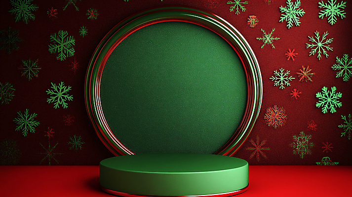 도형 계절 기념일 컬러 크리스마스 눈_날씨 무대 CG 파일형식 AI콘텐츠 눈꽃 눈송이 사람없음 디지털합성 겨울 장식 JPG 편집이미지 편집실사 원형 포디움 크리스마스트리 빨간색 AI포토